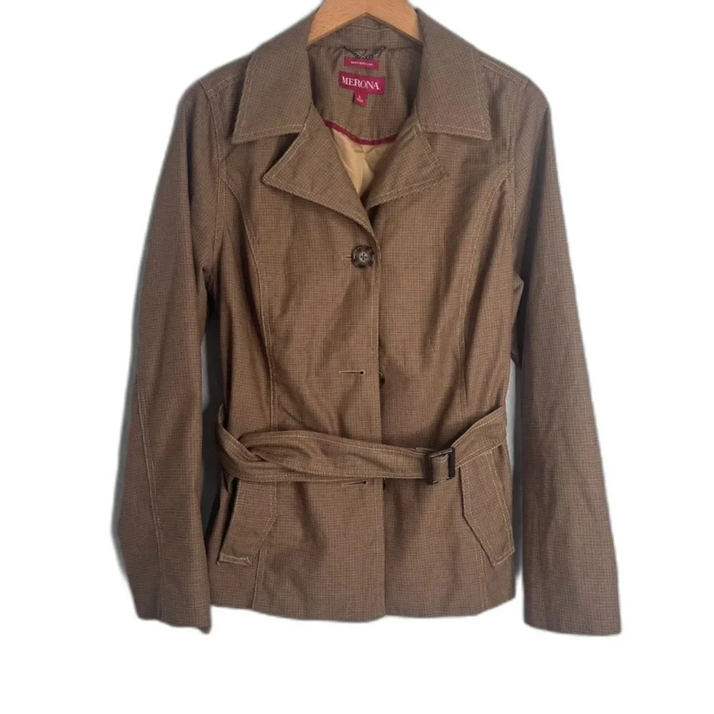 Merona Water Repellent Brown Tweed Belted Jacket Size Large‎